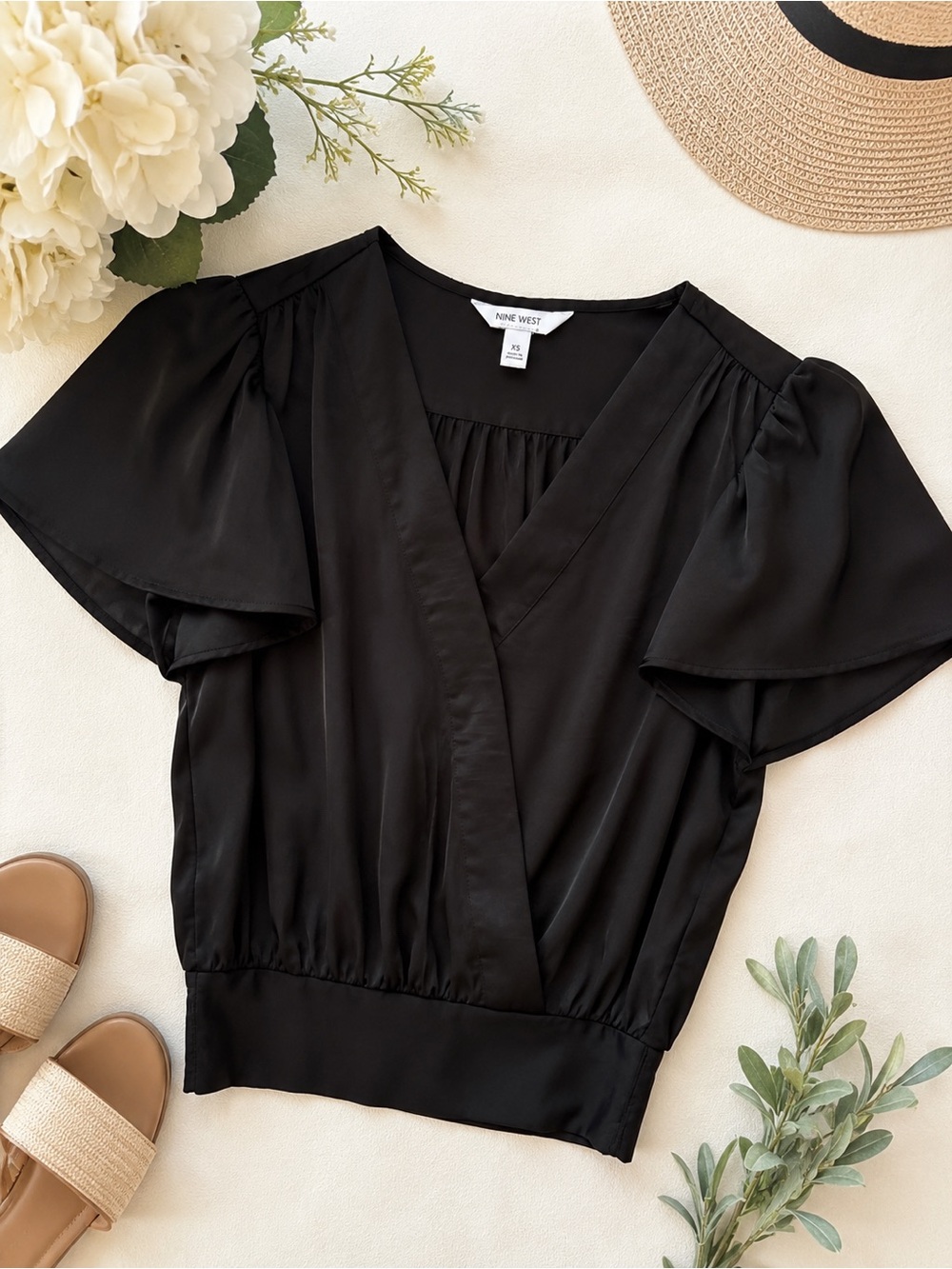 Nine West Black Satin Wrap Blouse | Flutter Sleeve | XS
